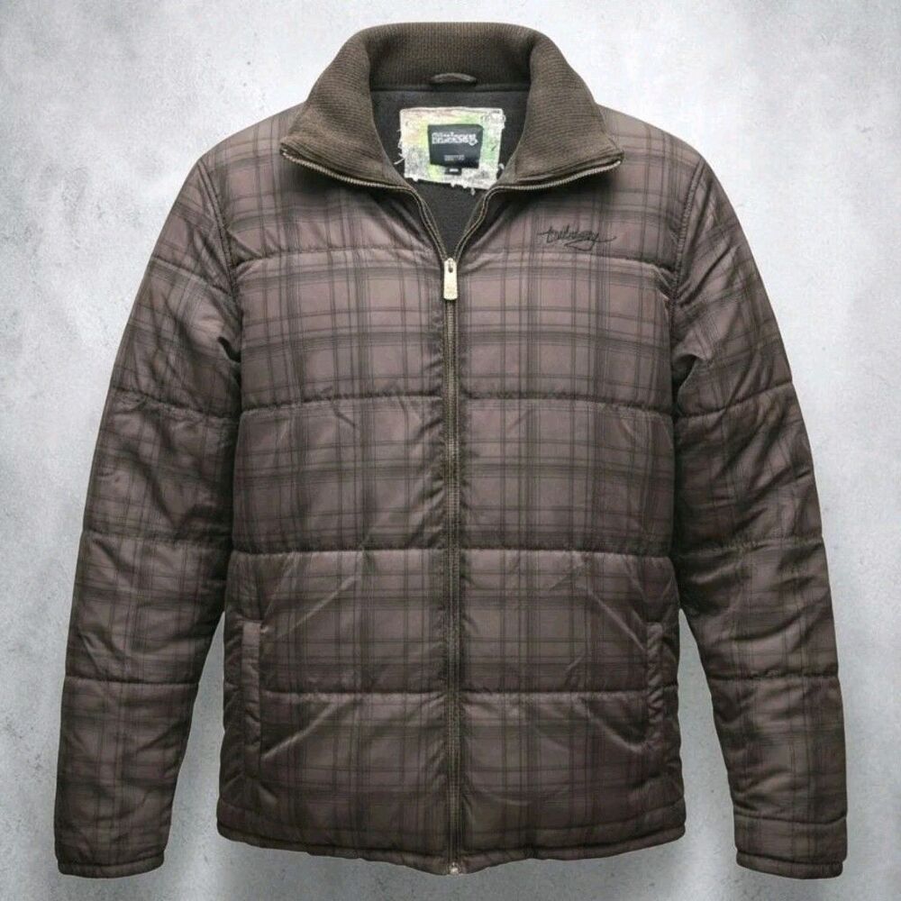 Billabong Quilted Puffer Jacket Mens Large Brown Plaid Zip Fleece Lined Y2K VTG